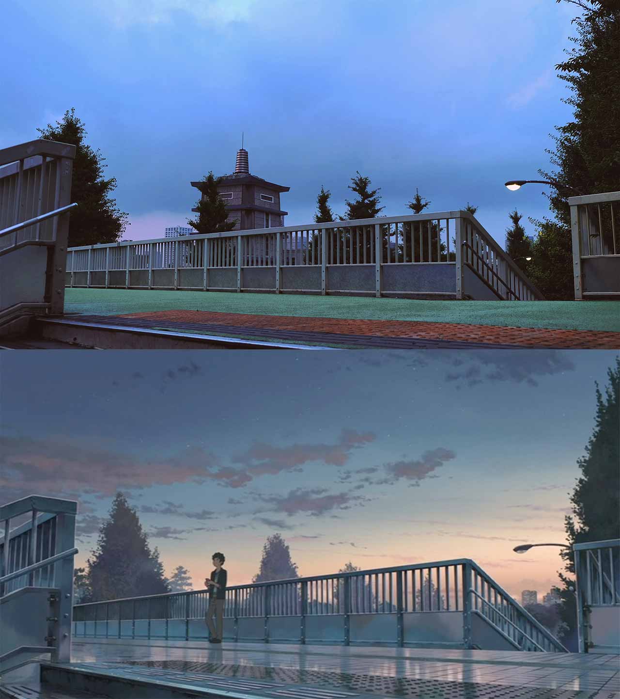 Anime scene reference for Shinanomachi Station Footbridge